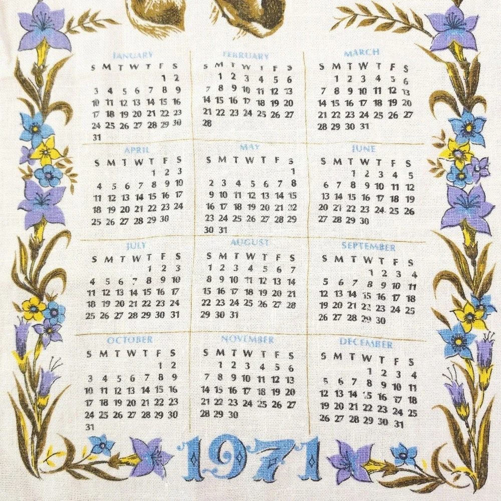 Vintage 1971 Floral and Prayer ‎ of St. Francis Linen Tea Towel Calendar VGC